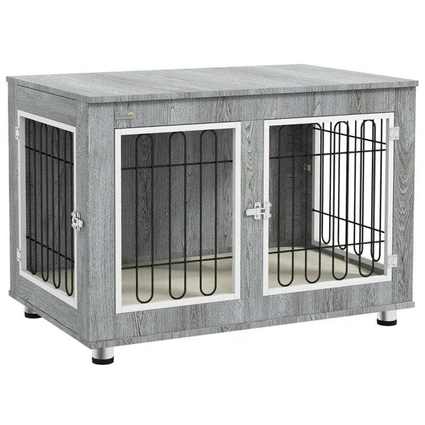 Dog Crate Furniture End Table, with Washable Cushion, Double Doors, for Medium/Large Dogs, Grey