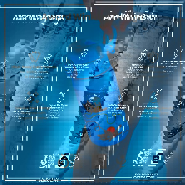 A blue water bottle, featuring playful cat illustrations, is being held. Its design includes a hide-away handle, hygiene cover, and wide mouth for easy cleaning and refills. It's an award-winning design.