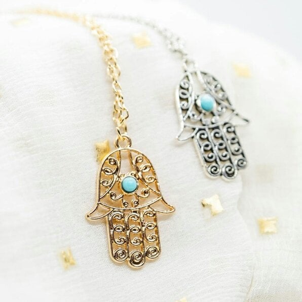 The Colourful Aura Hamsa Hand Gold and Silver Hand of Fatima Dainty Pendant Necklace