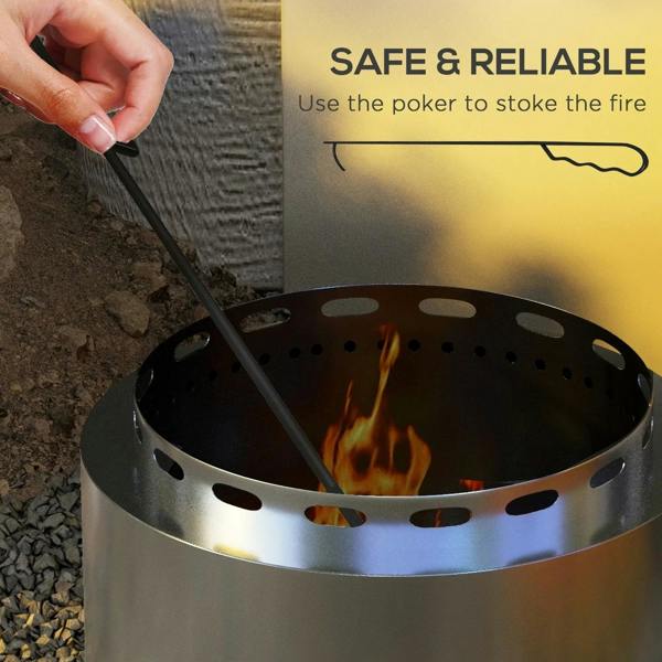 Stainless steel fire pit with open top, flames, and a poker tool for stirring