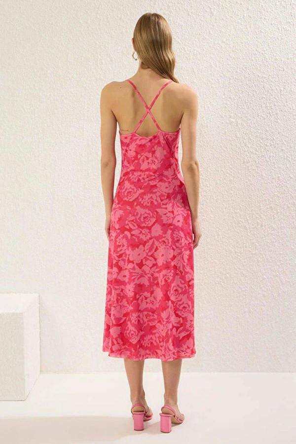 WOVCOR Floral V-neck A-line Midi Knit Dress with Slit