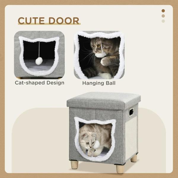 Grey cat house cube with open cat-shaped tunnel door and hanging ball inside