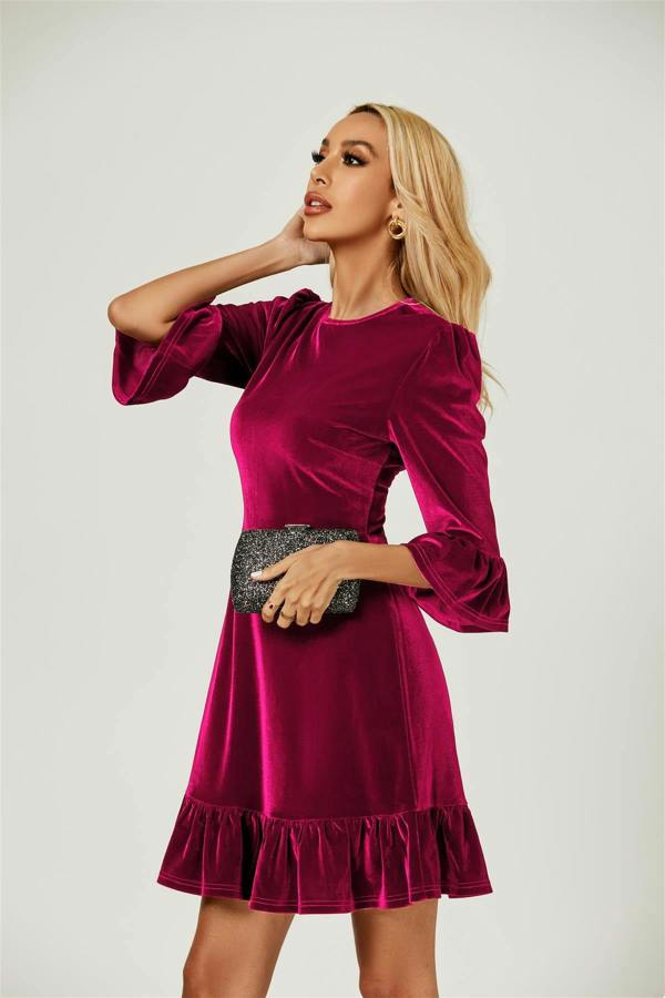 FS Collection Velvet Frill Detail Mini Dress In Violet