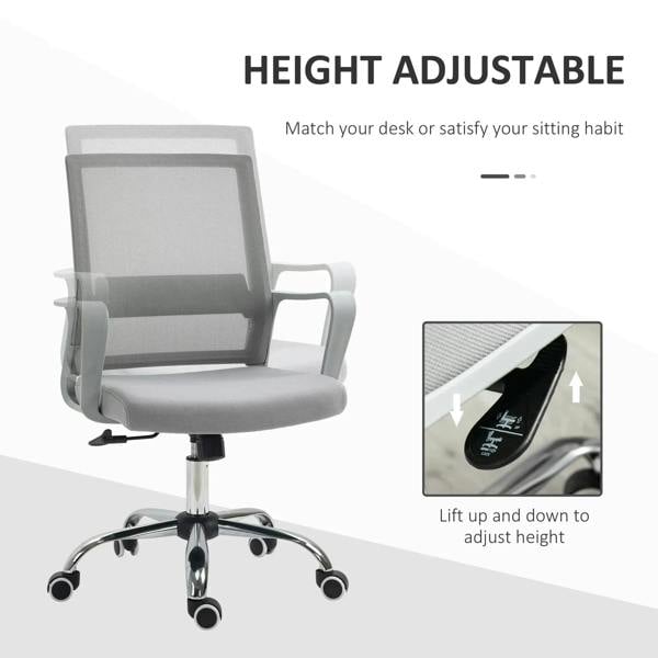 Grey office chair with mesh back and padded seat, showing a height-adjustment lever