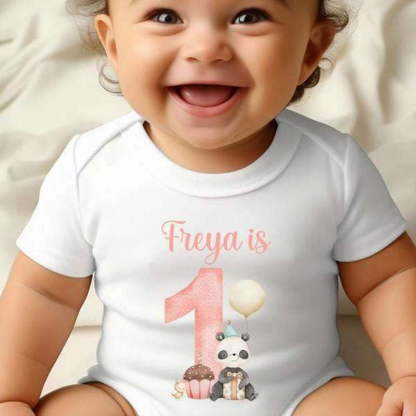Personalised Pink Panda 1st Birthday Baby Grow, Vest or Bib with Name
