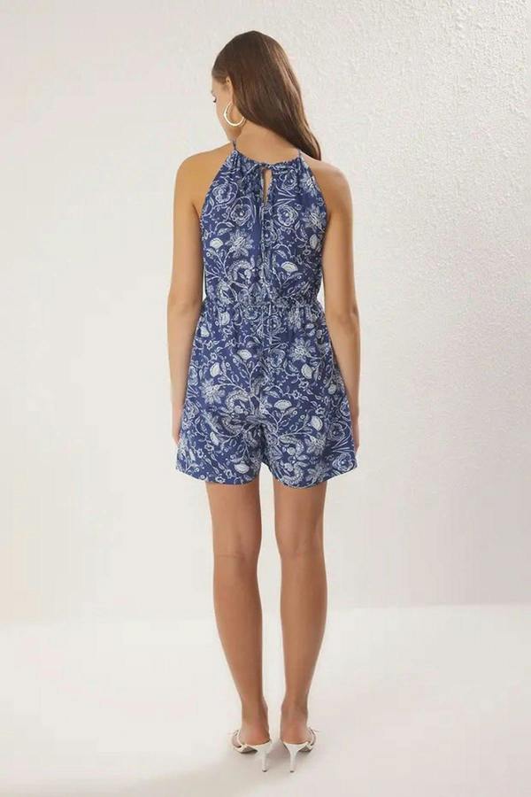 WOVCOR Halter Neck Floral Print Woven Short Jumpsuit
