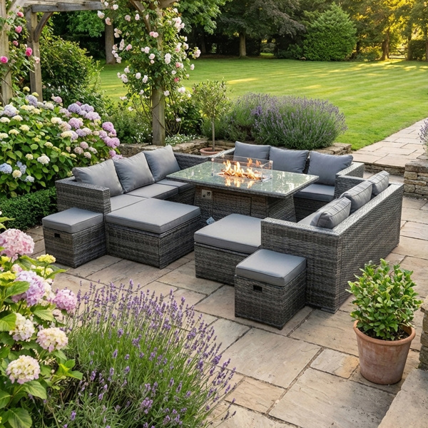 Fimous 13 Seater Rattan Garden Furniture Set with Fire Pit Dining Table, 3 Sofas, 4 Footstools - Dark Grey