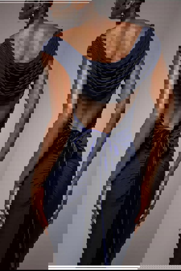 Open Back Cowl Neck Gathered Maxi Dress With Velvet Tie Back - Navy Blue DR4856