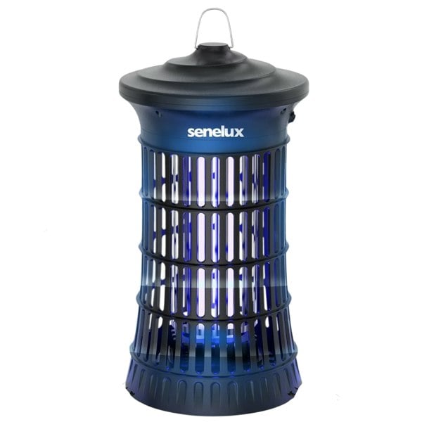 The Senelux 4500v Bug Zapper Lamp glowing with a purple light with the zap rod safely blocked behind a cage