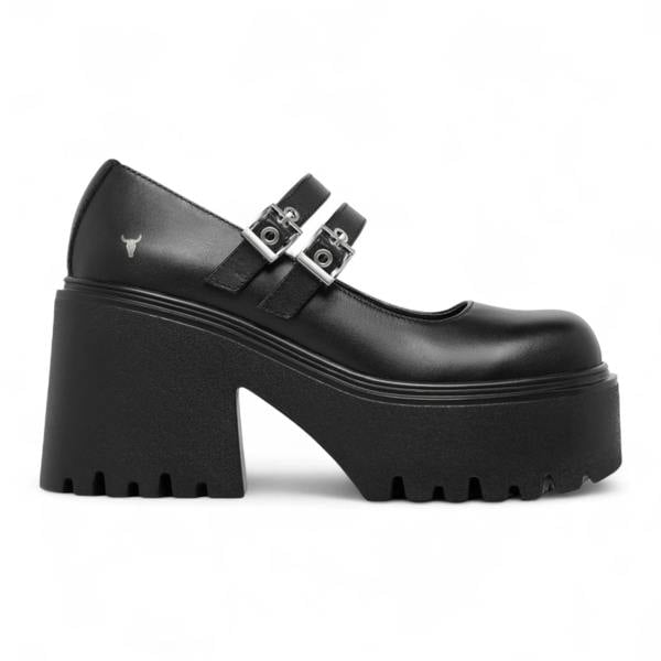 Windsorsmuth Lessons - Women's Black Leather Chunky Heel Buckle Shoes