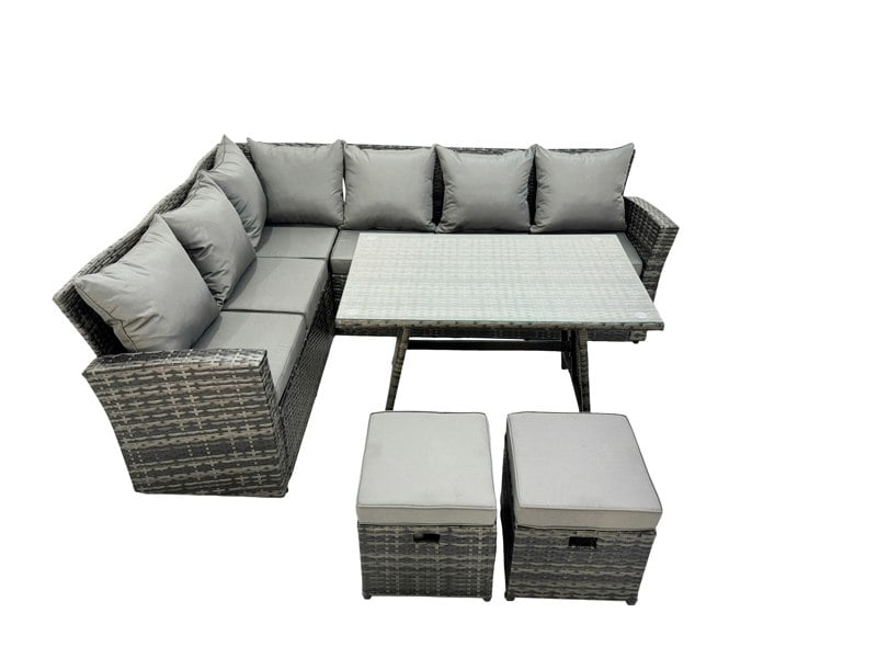 Fimous High Back Rattan Corner Sofa Set Dining Table Outdoor Furniture Dark Grey Mixed Left Option
