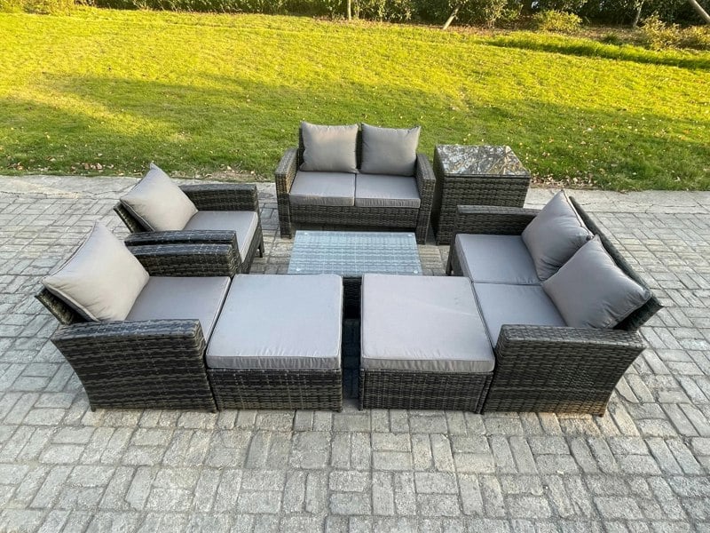 Fimous 8-Piece Rattan Garden Furniture Set - Dark Grey Mixed Outdoor Patio Sofa & Chair Set with Coffee Table & 2 Big Footstools