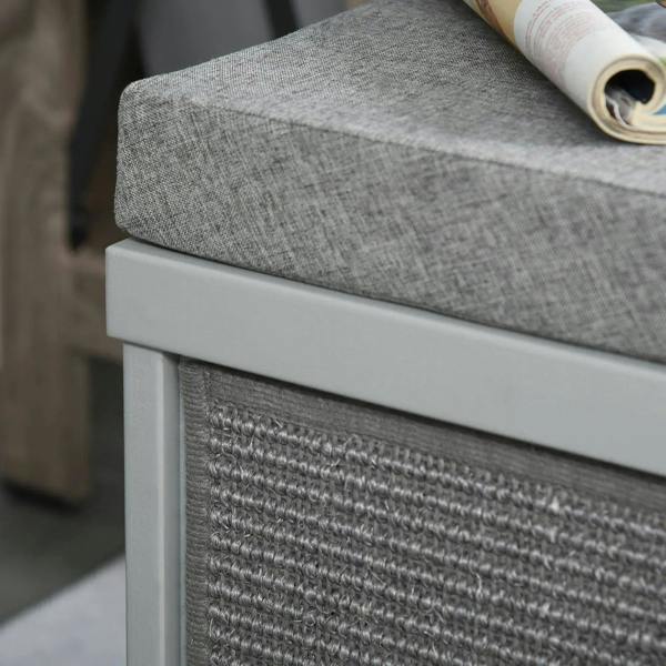 Close-up of grey cushioned top on a white cat house cube with textured sisal side
