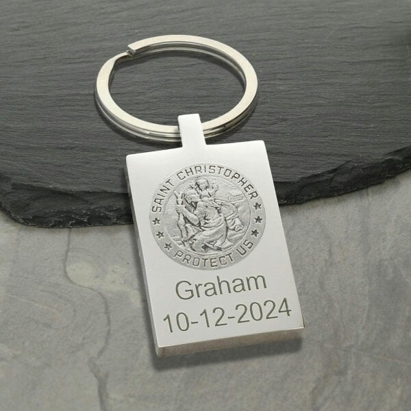 Christopher James of London Mirror Polished Rectangle St Christopher Keyring With Optional Engraving