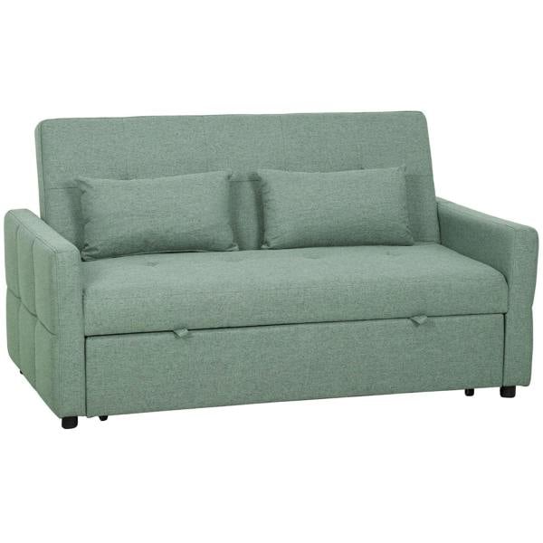 Green two-seater sofa bed with upholstered arms and back cushions, visible legs