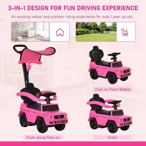 Pink 3-in-1 kids ride-on push car with seat, steering wheel, and slider front