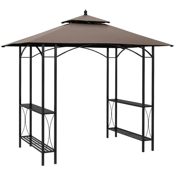 Brown BBQ tent canopy with black metal frame, open sides, and peaked double roof