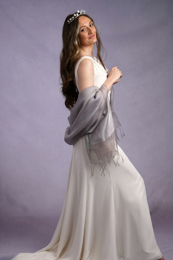 Antonia York Sophia Silver Grey Organza and Crepe Silk Viscose Tasselled Special Occasion Wrap