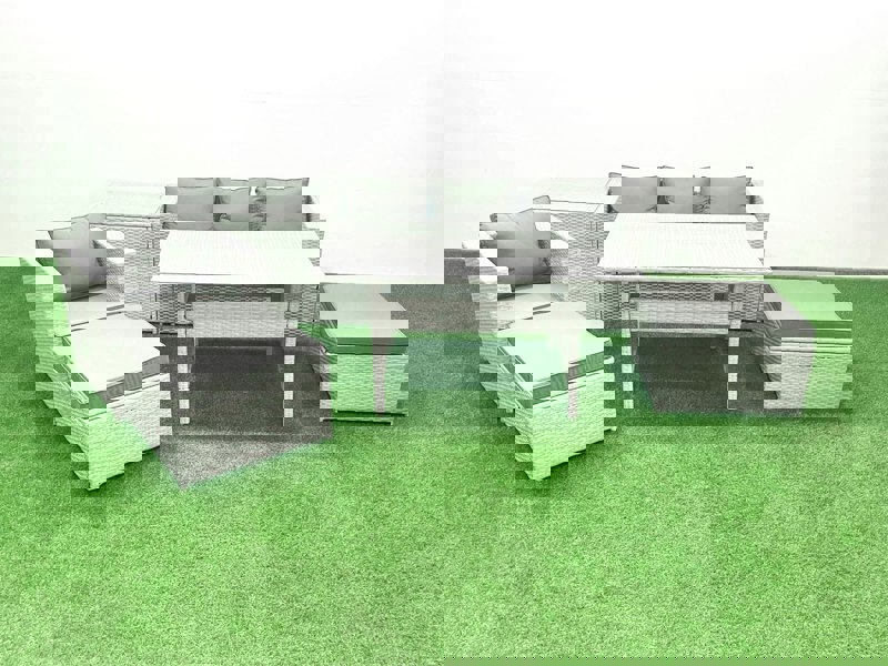 Fimous Rattan Garden Furniture Set Outdoor 6 Seater Patio Dining Sets with Glass Top Dining Table and Side Table Light Grey Mixed