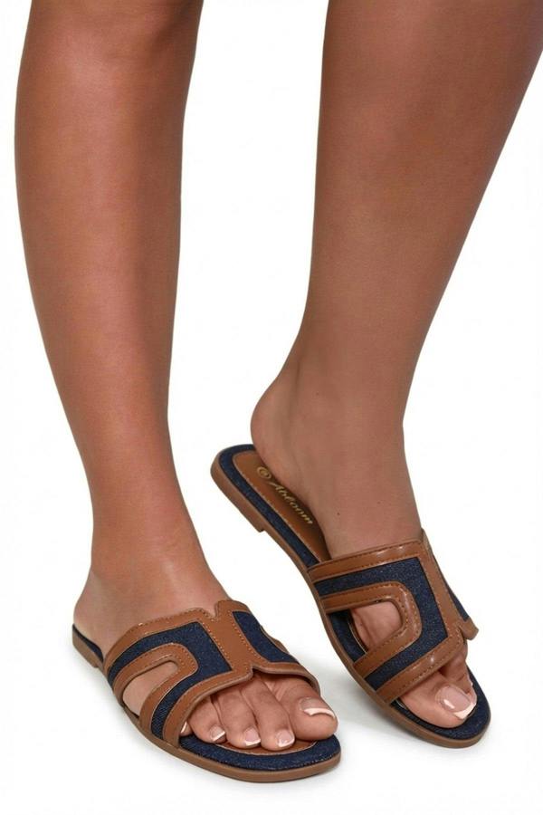 Reya Open Toe Contrast Trim Cut Out Flat Sandals - Blue_wb