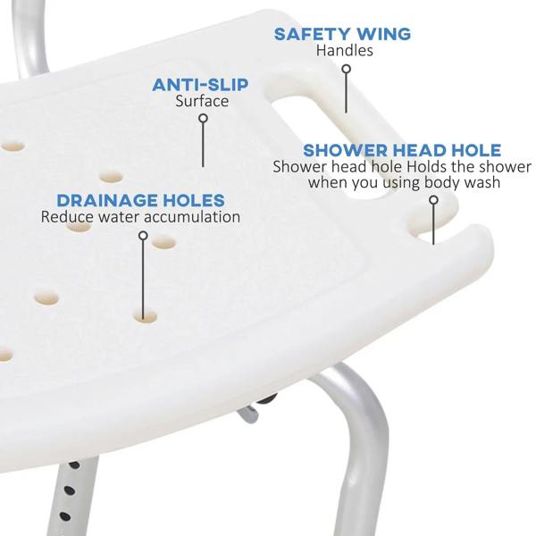 White shower stool seat with drainage holes, anti-slip texture, and safety grip slots.
