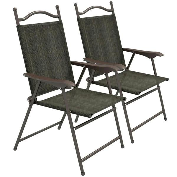 Set of two folding garden chairs with dark brown frames and dark mesh fabric seats