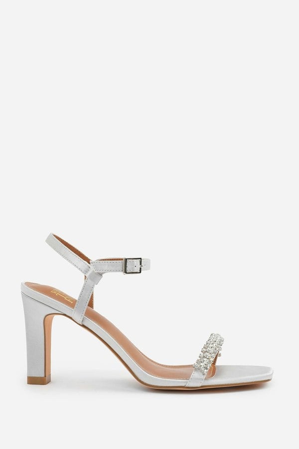 Where's That From Nala Wide Fit Diamante Embellished Strappy Block Heel in Silver Satin