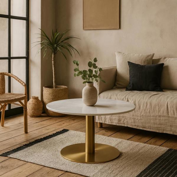 Wyld Haus Meadowbloom White Marble Round Coffee Table Gold Metal Base
