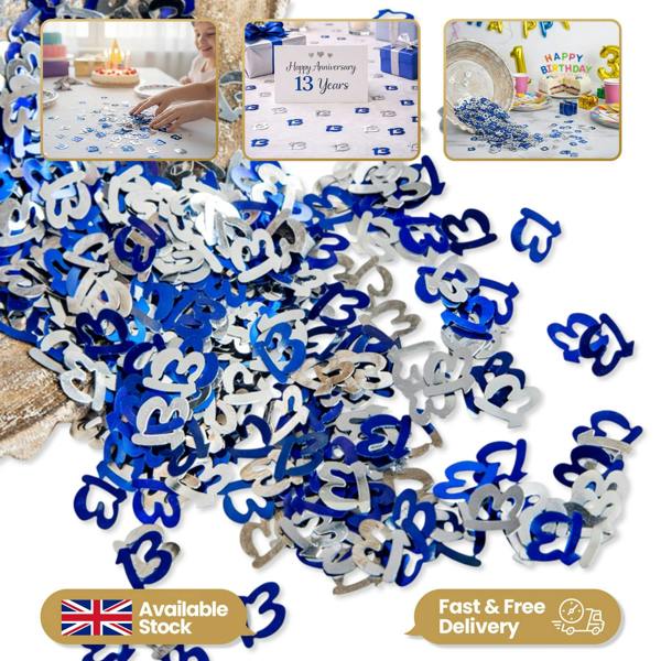 13th Birthday Blue and Silver Metallic Confetti Table Decoration Set for Party Styling image 2