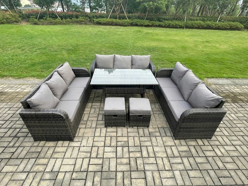 Fimous Rattan Garden Furniture Set with Oblong Rectangular Dining Table 2 Small Footstools 11 Seater Outdoor Lounge Sofa Set Dark Grey Mixed
