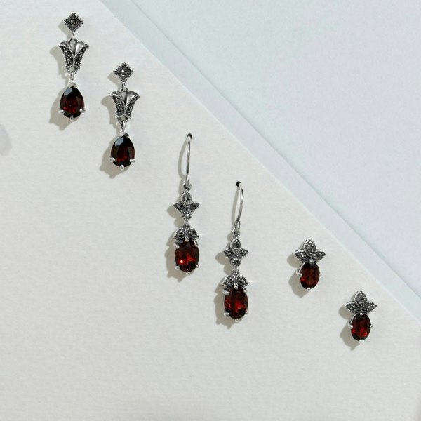 Gemondo Art Nouveau Style Pear Garnet & Marcasite Drop Earrings in 925 Sterling Silver
