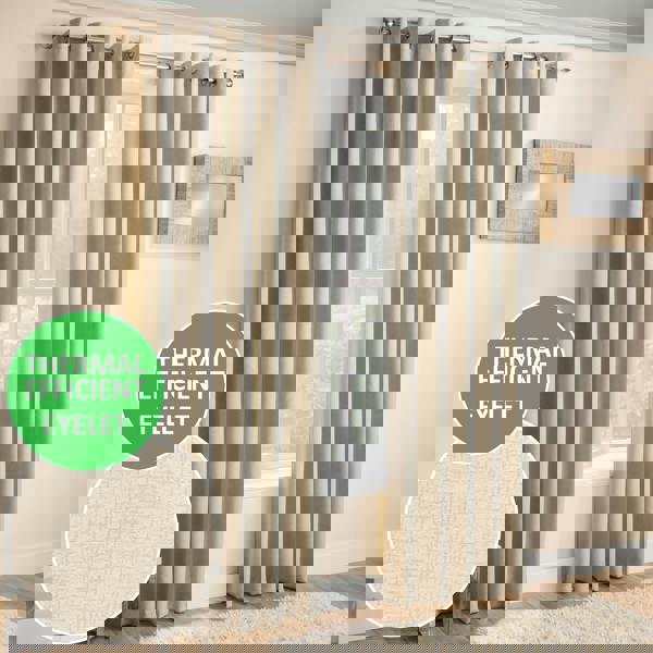 Enhanced Living Cream Plain Textured Thermal Room Darkening Energy Saving Pair of Curtains For Bedroom & Living Room