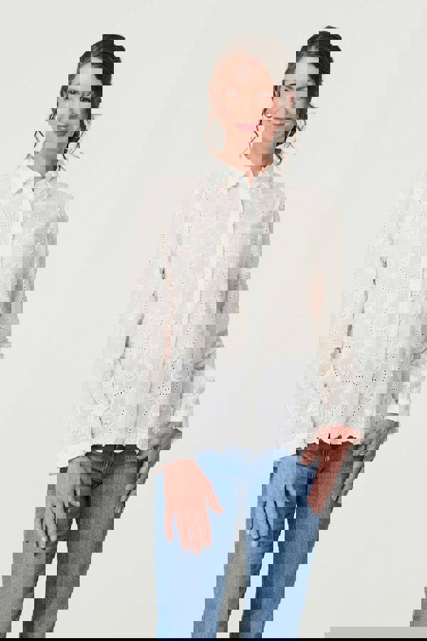 White | Floral Long Sleeve Embroidered Shirt
