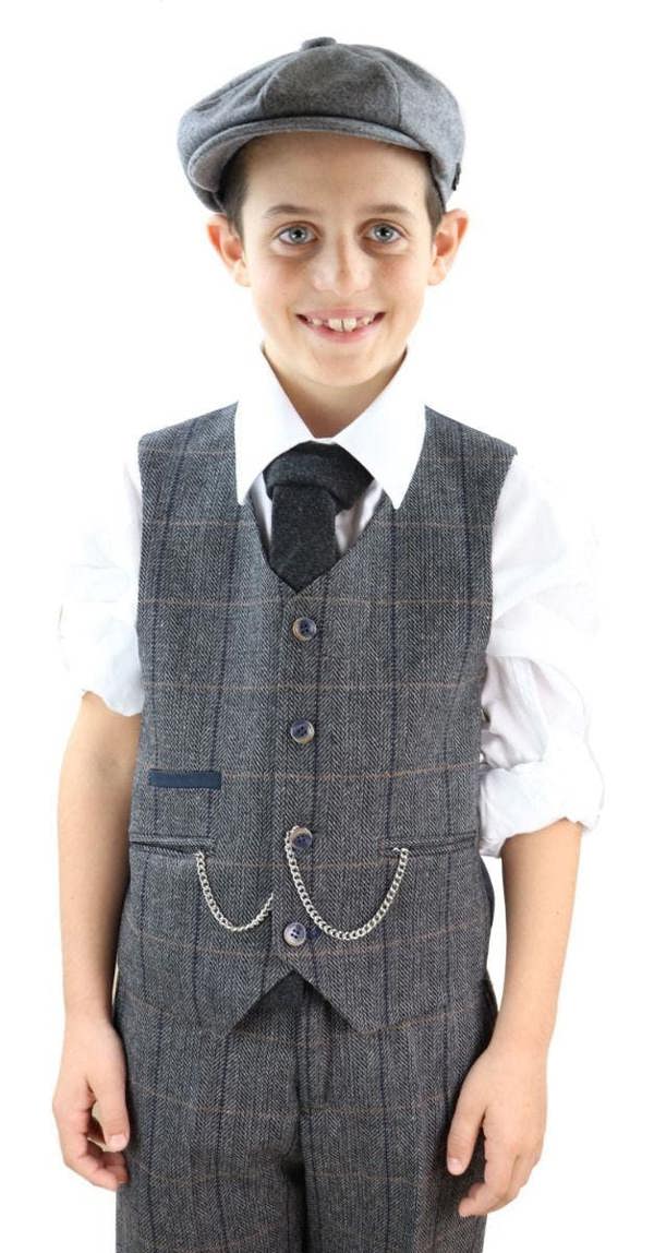 House of Cavani Boys 3 Piece Charcoal Grey Herringbone Tweed Check Classic  Suit