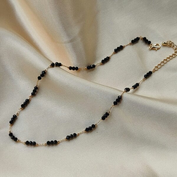 The Colourful Aura Handmade Black Crystal Beaded Indian Asian Nazar Mangalsutra Choker Necklace - Gold