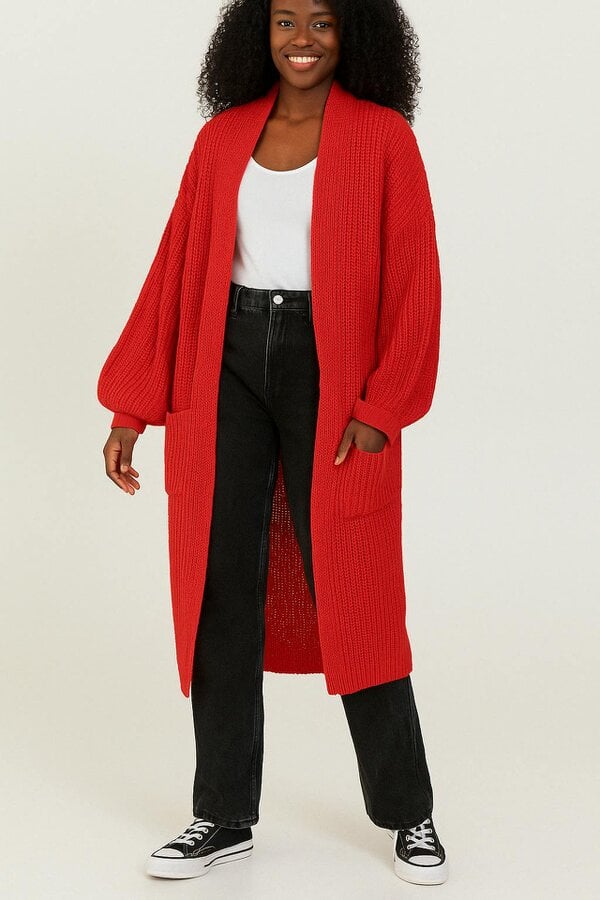 Hoxton Gal Oversized Long Sleeves Midi Knitted Cardigan with Pocket Details in Red