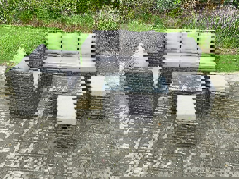 Fimous Rattan Garden Furniture Set with 3 Seater Sofa Coffee Table Armchair 2 Small Footstools Indoor Outdoor Patio Lounge Sofa Set Dark Grey Mixed