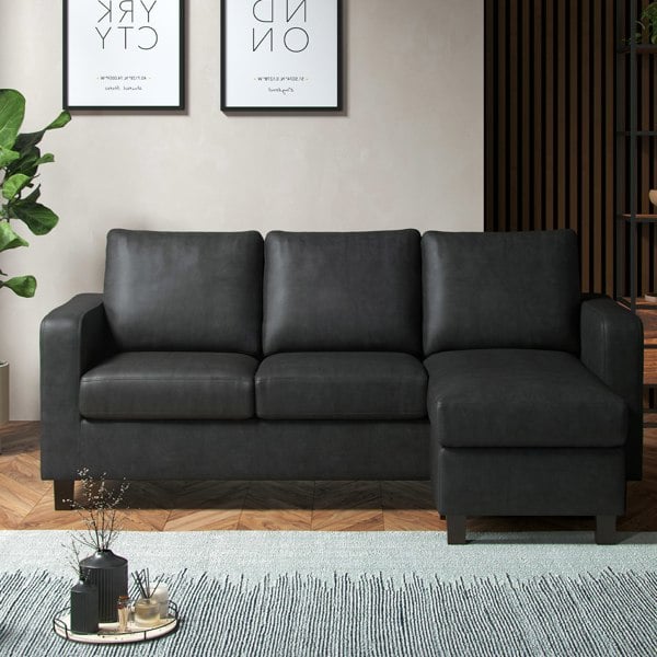 Furnishings For Less York Black Faux Leather 3 Seater Reversible Corner Sofa