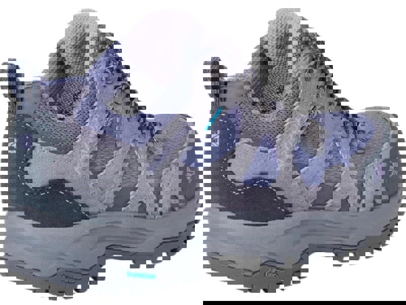 Karrimor Bodmin Low 6 Womens Waterproof Hiking Walking Trainers, a close-up of the women's hiking trainers featuring a purple and grey color scheme, lace-up design with metal eyelets, and rugged outsole for outdoor trekking.