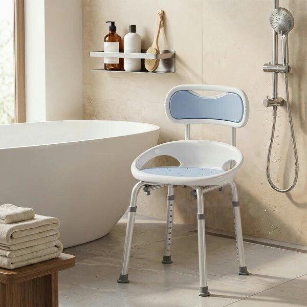 Shower Chair with Padded Seat Adjustable Height Shower Stool Bath Seat with Back and Anti-Slip Feet - White