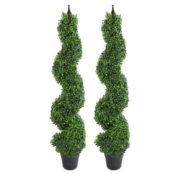 Leaf Pair of 120cm (4ft) Tall Artificial Boxwood Tower Trees Topiary Spiral Metal Top