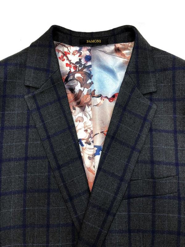 Close up of grey with blue check tweed blazer - Pamoni