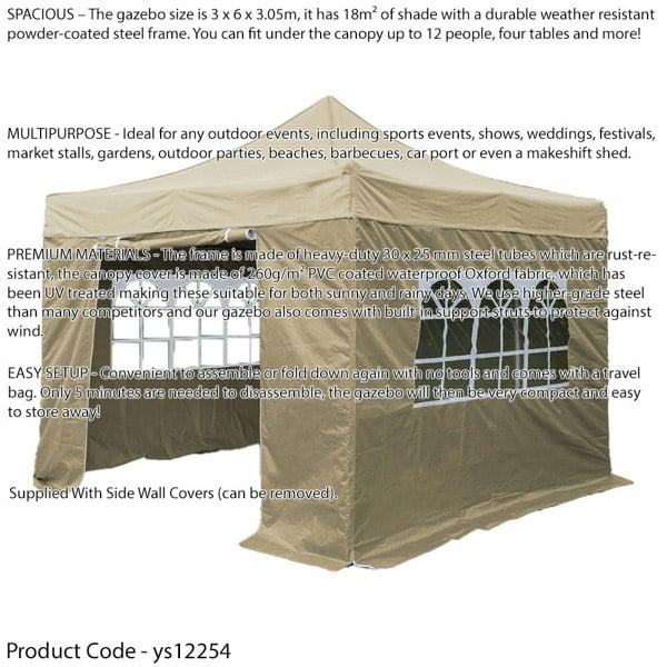 3x6m Pop-Up Gazebo & Side Walls Set BEIGE - Strong Outdoor Garden Pavillion Tent - LoopsDirect