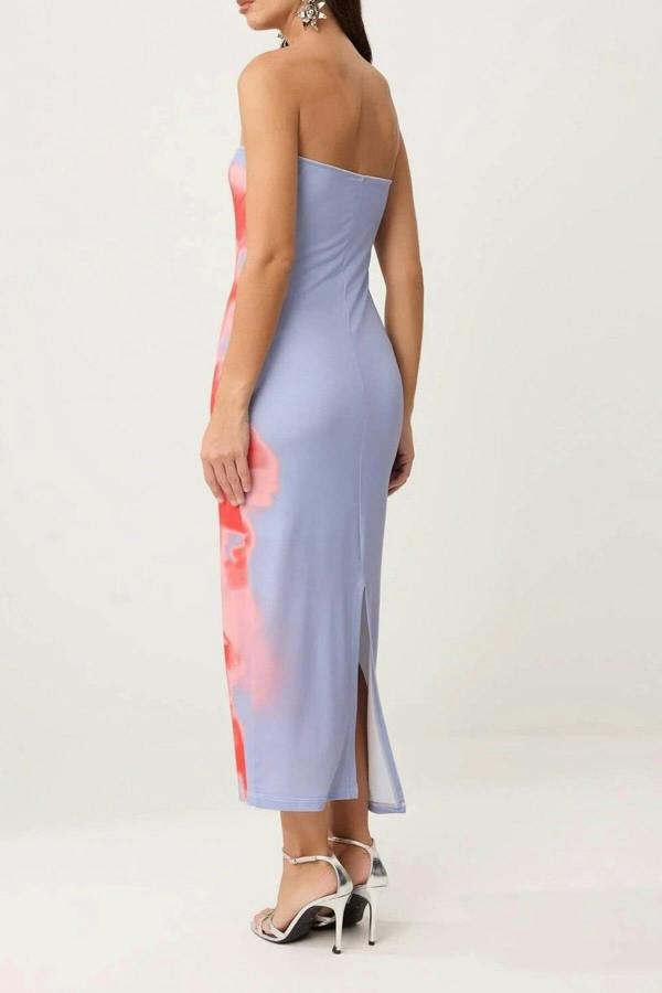 Floral Print Tulle Lined Strapless Bodycon Maxi Dress