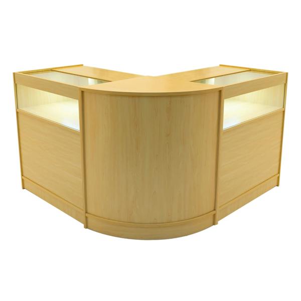 Maple Iris LED shop counter set with two B900 display cases, featuring a sleek, modern design and illuminated glass tops