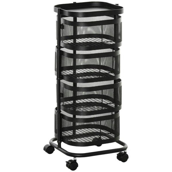 Bobobiy Metal Storage Cart, 4-Tier Storage Trolley on Wheels with 4 Mesh Baskets and Top Tray, Black