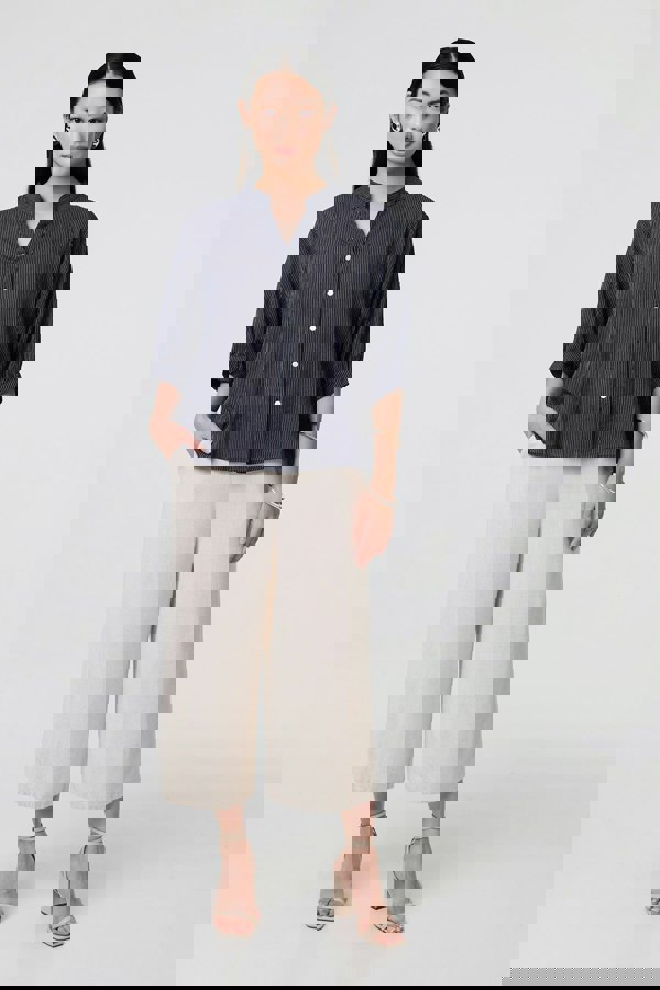 Navy | Pinstripe Relaxed Button Back Blouse : Model is 5'9"/175 cm and wears UK8/EU36/US4/AUS8