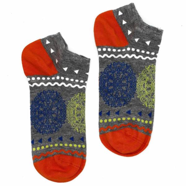 Bamboo low-cut socks, gray with blue and green mandala, orange toe and heel