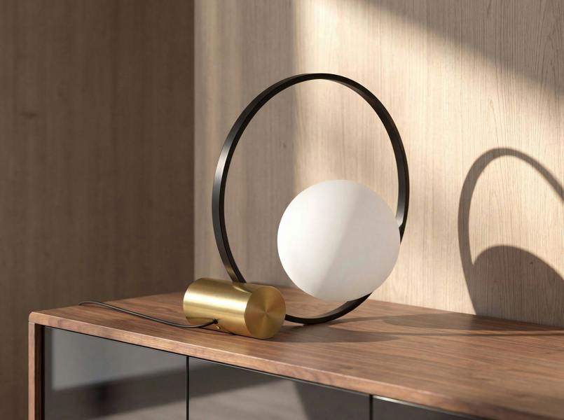 Angel Cerdá White glass and black steel table lamp with polished gold steel base 8096