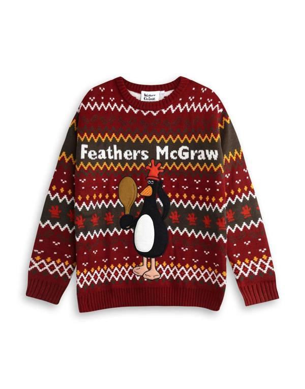 Wallace And Gromit Unisex Red Feathers Christmas Jumper